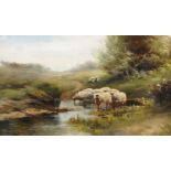 Follower of Jan Hermann Barend Koekkoek, Dutch 1840-1912- Sheep by a stream; oil on panel, bears