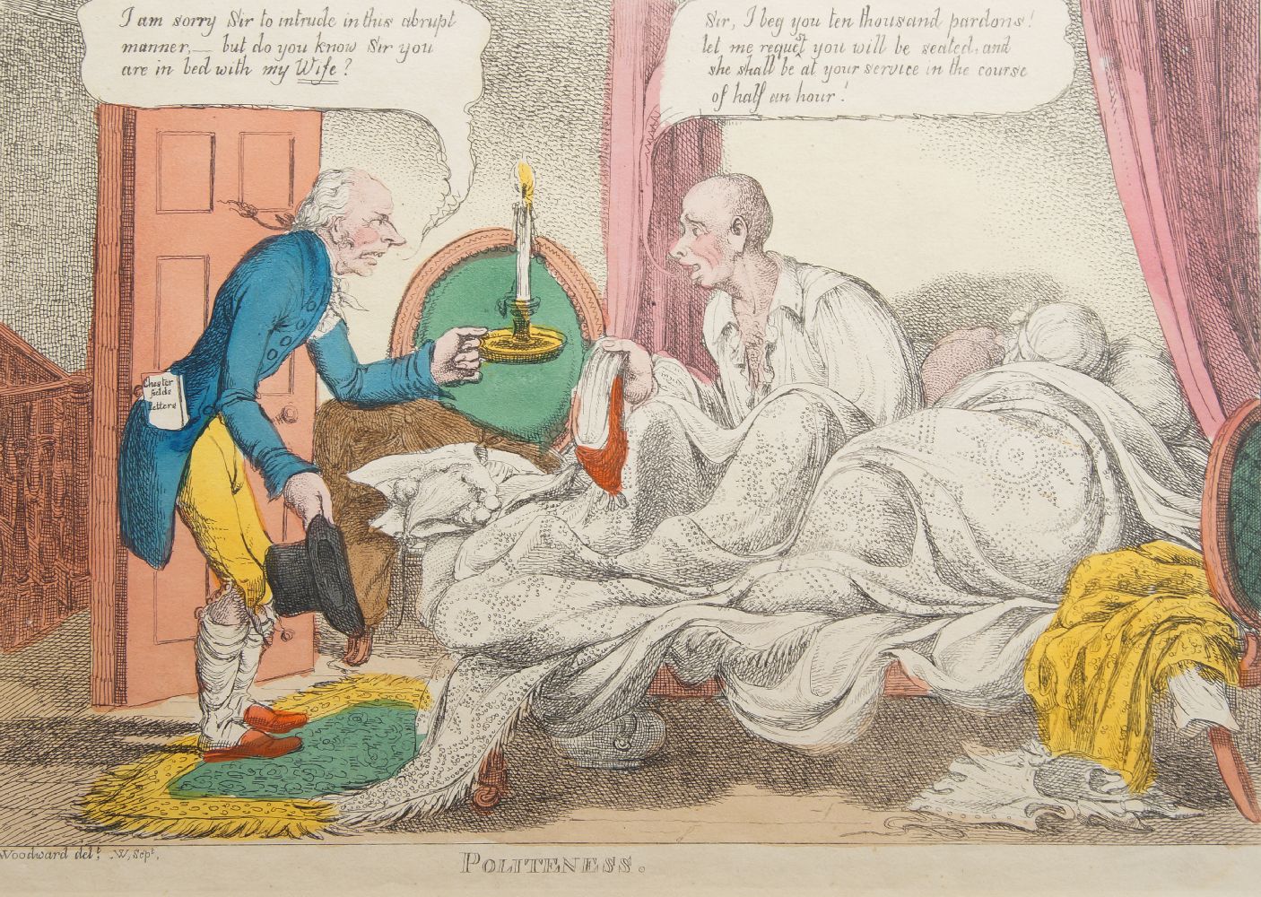 George Moutard Woodward, British 1760-1809- Politeness; hand-coloured etching, published 1807-1821