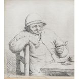 After Adriaen van Ostade, Dutch 1610-1685- Smoker leaning on the back of a Chair; etching on laid