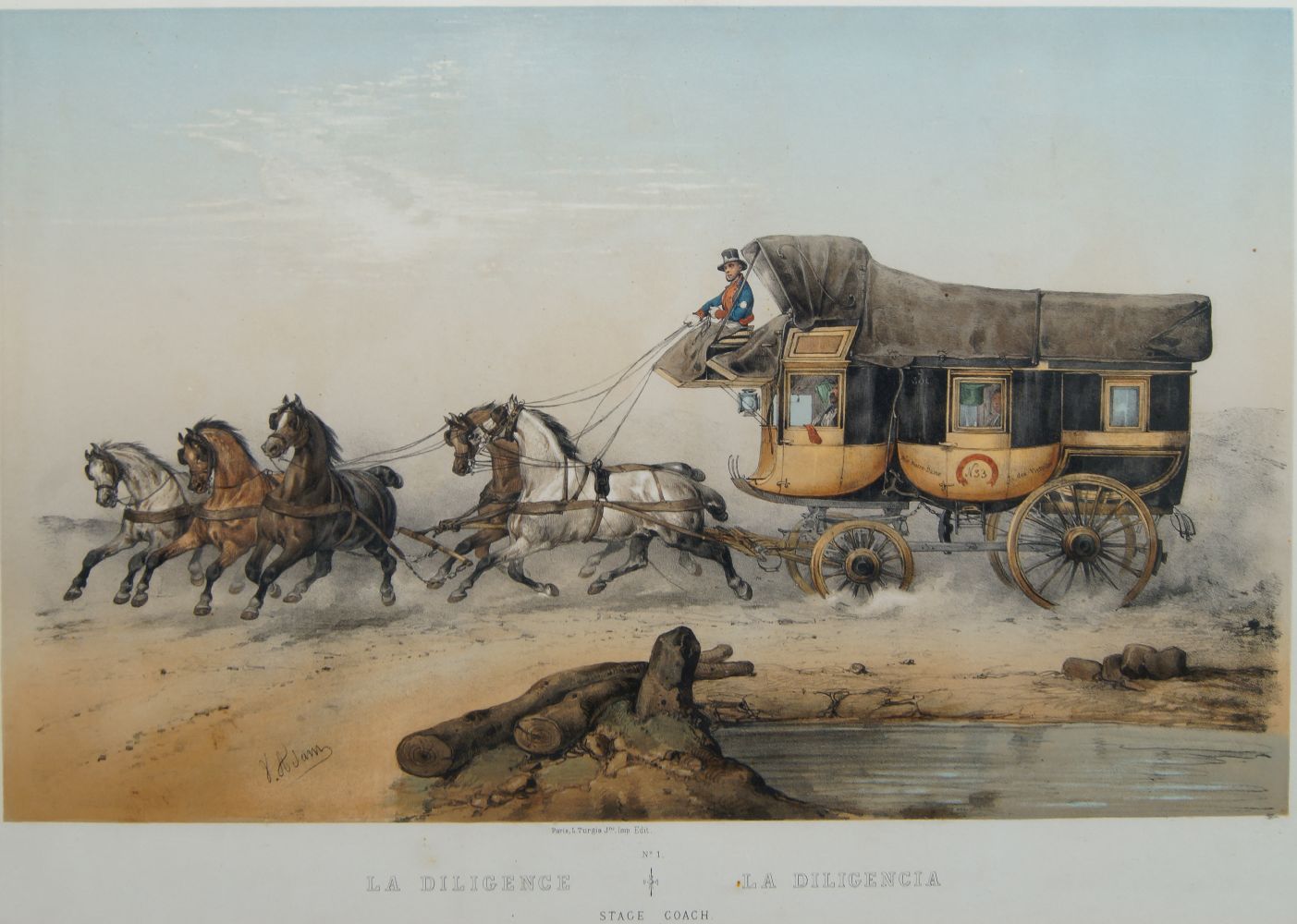 After Victor Adam, French 1801-1866- Post Chaise with 5 horses: Stage Coach: Post Chaise; hand- - Image 3 of 3