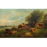H Stanfield, British, late 19th century- Milkmaid with cattle by a river; oil on canvas, signed,