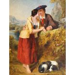 C Wells, British, mid-19th century- Lovers by a hedgerow with a sheepdog; oil on canvas, signed,