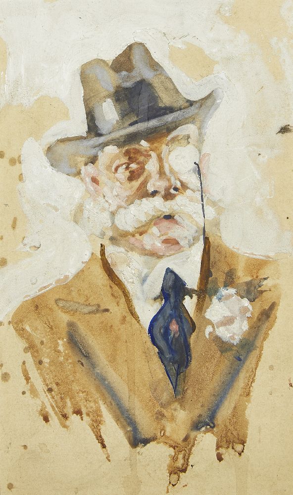 British School, early 20th century- Portrait of an Edwardian Gentleman wearing a fedora and monocle;