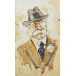 British School, early 20th century- Portrait of an Edwardian Gentleman wearing a fedora and monocle;