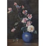 William Arthur Chase, British 1878–1944- Roses in a blue jug; watercolour, signed, 49.5x33.5cm.