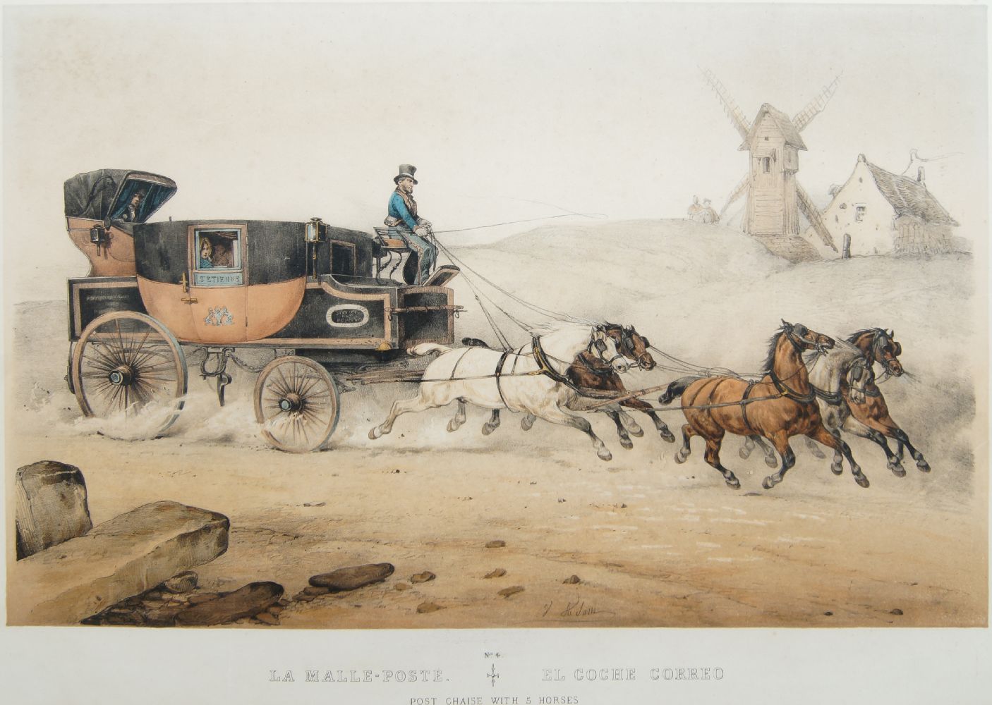 After Victor Adam, French 1801-1866- Post Chaise with 5 horses: Stage Coach: Post Chaise; hand- - Image 2 of 3