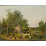 Edouard Duparc, French, mid-late 19th century- Chickens in an enclosed paddock; oil on canvas laid