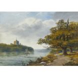 Edmund John Niemann, British, 1813-1876- A river landscape with a fortress beyond; oil on board,