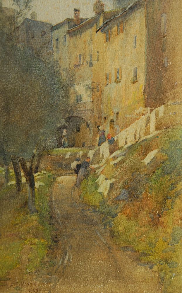 A E Martin, British, late 19th/early 20th century- View of a pathway along the edge of an Italian