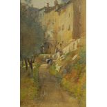 A E Martin, British, late 19th/early 20th century- View of a pathway along the edge of an Italian