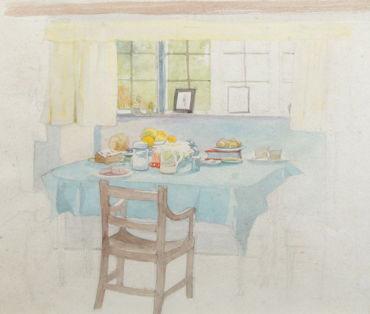 Honor H Appleton, British 1897-1951- The breakfast table; watercolour and pencil, 21.5x23cm (ARR)