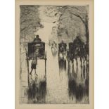 Lesser Ury, German 1861-1931- Rain-wet Tiergartenallee with Horse Cabs [Rosenbach 49], 1921; etching