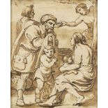 North Italian School, 18th Century- Mother and child with a beggar in a market place; pencil, pen