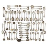 A collection of Georgian silver egg spoons, teaspoons and condiment spoons comprising: four