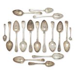 A collection of monogrammed Georgian silver spoons, of both old and fiddle pattern design, the