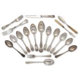 Eleven various silver table and dessert spoons, four of the spoons of old pattern design, one of