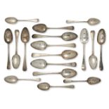 A collection of Georgian silver spoons, comprising six of Hanoverian pattern and eleven of old