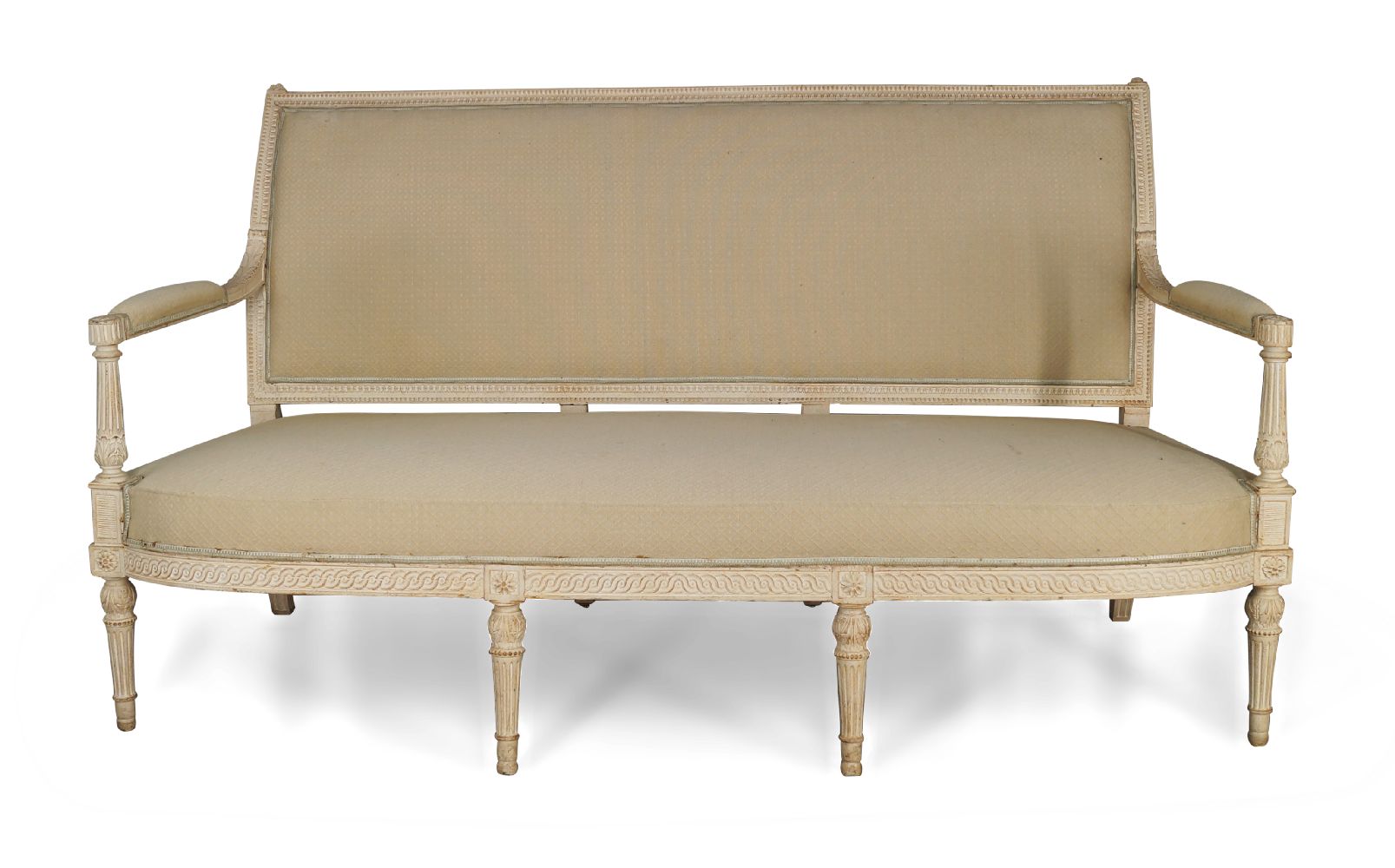 A Louis XVI white painted salon suite, comprising a three seat settee, with rectangular back,