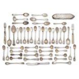 A selection of silver teaspoons and condiment spoons, together with a silver-backed clothes brush,