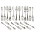 A set of seven Victorian silver table forks and five dessert forks, London, c.1834, James Beebe,