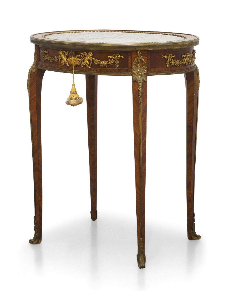 A Louis XV style kingwood and ormolu mounted bijouterie table, early 20th century, the oval and