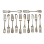 A harlequin set of twelve silver table forks, all of fiddle pattern design, various dates and makers