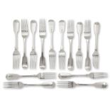 A harlequin set of fourteen silver table forks, various dates and makers including: London, c.