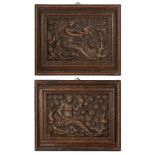 A pair of Flemish oak relief panels of virtues, late 17th century, carved as Vanity and Hope, each