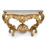 A Louis XV style giltwood and gesso console table, mid 20th century, with serpentine white Carrara