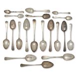 A collection of various Georgian silver spoons, predominately of old pattern design, each with