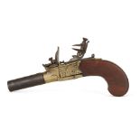 A flintlock pocket pistol by Johnson & Collins, brass frame left side plate engraved JOHNSON &