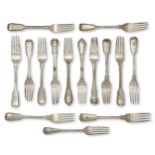 A harlequin set of ten silver dessert forks of thread pattern design, eight with various monograms