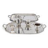 A three-piece George VI silver tea set, Sheffield, c.1937, Mappin & Webb, and a silver plated twin-