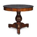 An Empire mahogany centre table, the later grey circular marble top on baluster form support to gilt