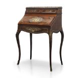 A late Victorian rosewood, pewter, ivory and mother of pearl inlaid bureau de dame, the top with