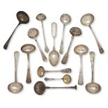 A selection of 18th and 19th century silver sauce ladles, comprising: an eighteenth century Irish