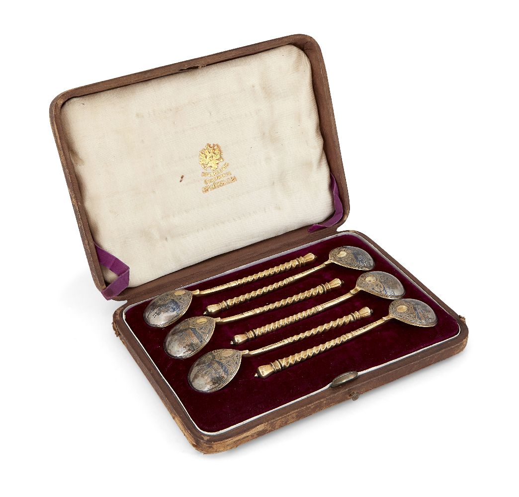 A cased set of six Russian silver gilt and niello spoons, Moscow, 1872, Mikhail Karpinsky, assay