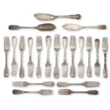 A selection of monogrammed silver dessert forks, of fiddle pattern design with various monograms,