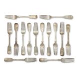 A set of six Victorian silver table forks, Exeter, c.1875, Josiah Williams & Co (one London, c.1843,