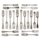 A selection of Hanoverian pattern table forks and dessert forks, the nine table forks and ten