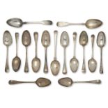 Twelve monogrammed Georgian silver spoons, of Hanoverian pattern design, makers including Thomas