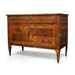 A North Italian rosewood, walnut and fruitwood inlaid commode, the rectangular top centred by