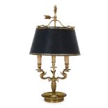 A French gilt-bronze bouillotte lamp, late 20th century, the adjustable tole and leather shade above