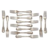Two sets of six George III silver table forks, London, William Eley, William Fearn & William