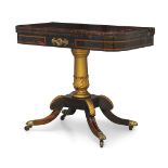 A Regency coromandel, satinwood and parcel gilt card table, the fold over top enclosing green