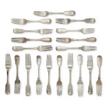 A collection of fiddle pattern silver dessert forks, all with various engraved monograms to