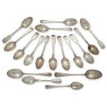 A selection of Victorian and later silver spoons, including: two old pattern tablespoons, one