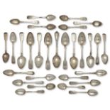 Eight Victorian and earlier silver dessert spoons, all of fiddle pattern design, some with monograms