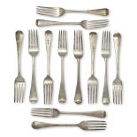 A set of five George III monogrammed silver table forks, London, c.1804, Solomon Hougham, the