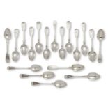A group of eighteen silver teaspoons, the majority of fiddle pattern design with monograms to